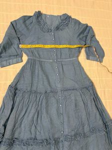 Blue Tiered Midi Dress with Ruffle Collar