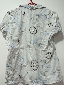 White Embroidery Floral Print Shirt