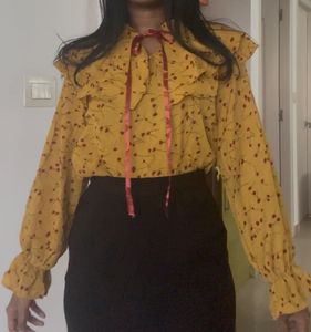 Cute Yellow Floral Blouse with Ribbon Tie