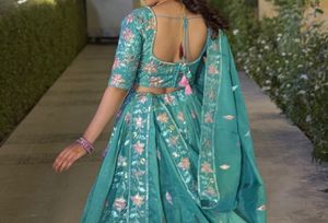 Beautiful Blue Floral Lehenga Choli Set with jewel