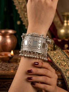 Premium Silver Oxidised Mirror Work Kada Bracelet