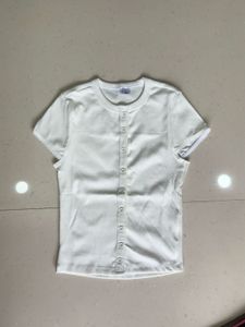 White Button-Up Knit Top with Lace Trim