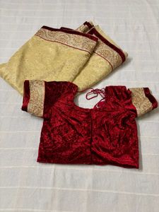 Cream &amp; Maroon Embroidered Saree With Blouse