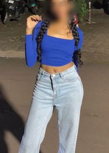 Blue Long Sleeve square neck Crop Top