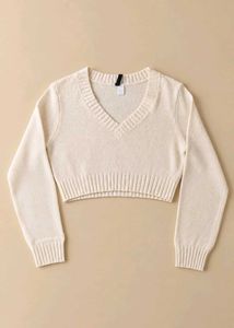 CREAM V-NECK CROPPED KNIT SWEATER