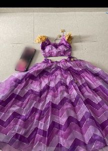 Purple Chevron Tiered Lehenga Choli Set without du