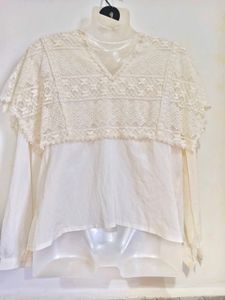 Women's Ivory Button-Front Blouse with Lace Cape