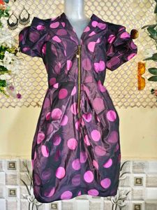 Puff Sleeve Polka Dot Zipper Dress
