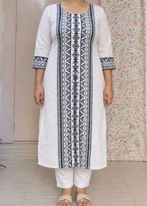 White long Kurta with Dark Blue Embroidery