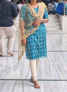 Customized V Neck  Sky Blue Net satin Kurti