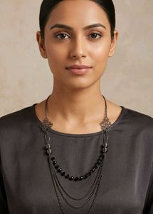 Layered Black Bead &amp; Chain Necklace
