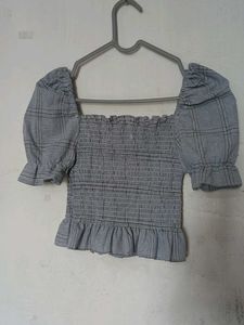 Grey Plaid Smocked Puff Sleeve Top