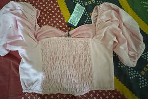 Pink Puff Sleeve Ruched Crop Top