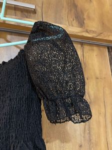 Black Smocked Lace Crop Top in