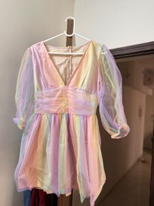 Rainbow Sheer Puff Sleeve Dress