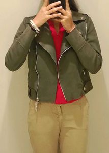 Stylish Olive Green Moto Jacket with red sleeve le