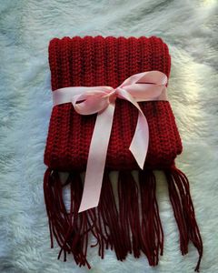 Chunky Knit Red Scarf with Fringe