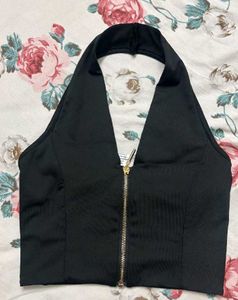Black Halter Neck Zip Crop Top