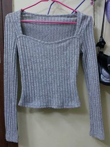 Grey Ribbed Square Neck Long Sleeve Top