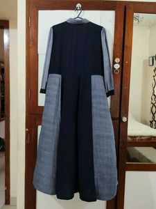 Elegant Navy Blue &amp; Grey Long Shirt Dress