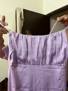 Lavender Ruched Midi Dress with Slit