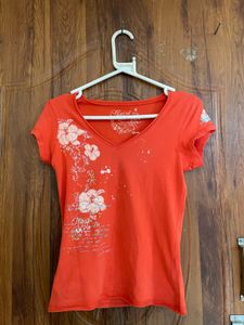 Orange V-Neck Floral Print T-Shirt
