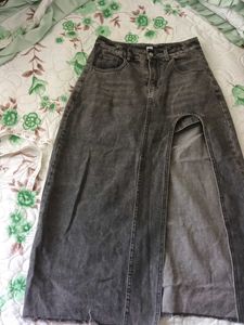 Gray Denim Maxi Skirt with Slit