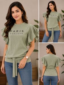 Chic Ruffle Sleeve "Paris Bonjour" Top