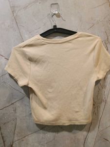 Basic Beige Ribbed Cropped T-Shirt (size-M)