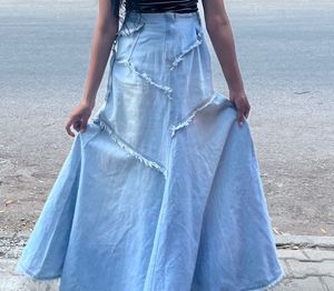 Y2K Ripped Denim Maxi Skirt