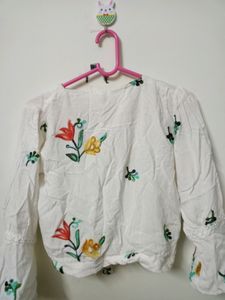White Printed Crop Top With Bell Sized Hands