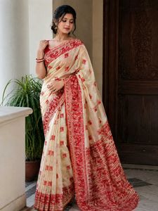 Elegant Cream & Red Silk Saree