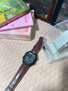Stylish Digital Watch with Brown Leather Strap