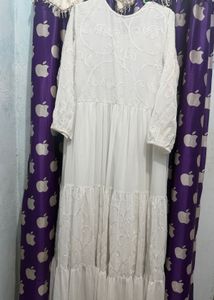 White Tiered Embroidered Gown with Red Scarf