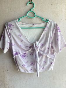 Lavender Floral Tie-Front Crop Top