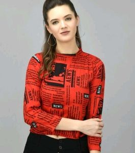 Trendy Red Newspaper Print Top