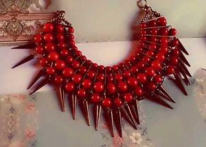 Bold Red Bead &amp; Spike Statement Necklace