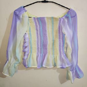 Rainbow Flared Off Shoulder Crop Top