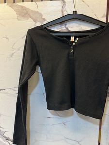 Black Ribbed Long Sleeve Top, Bust- 32/30 Strechab