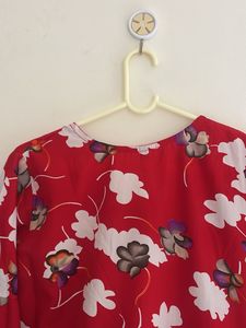 Red Floral Ruffle Sleeve Wrap Top