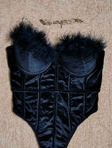 Black Velvet Feather Trim Bodysuit