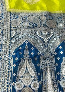 pure dola silk soft mehedi green with peacock Blue