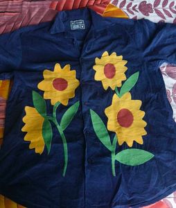 Navy Corduroy Sunflower Cuban Shirt