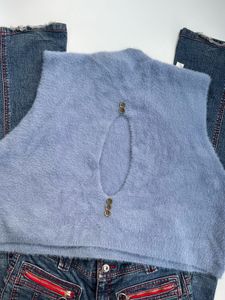 Fuzzy Back cutout Blue Sleeveless Top