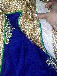 Royal Blue Embroidered Velvet Saree