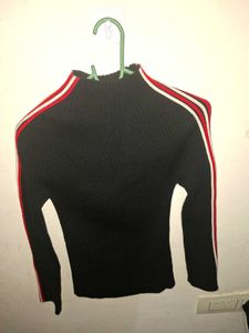 Black Striped Ribbed High Neck Top