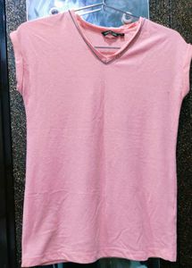 Pink Embellished V-Neck Tee