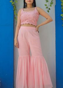 Embroidered Mirror Work Top With Sharara &amp; Shrug