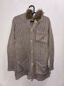 Woollen Coat with Faux Fur Hood