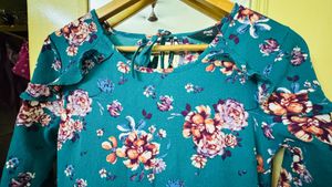 Teal Floral Print Bell Sleeve Dress
